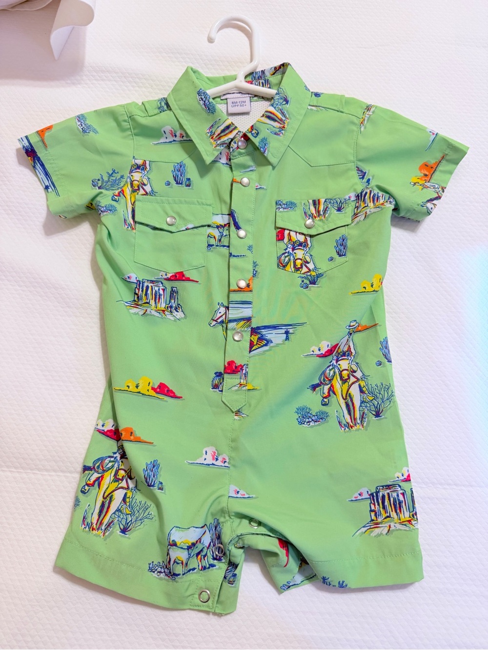 Blue Quail Romper in Light Green with Western Print 6-12mo